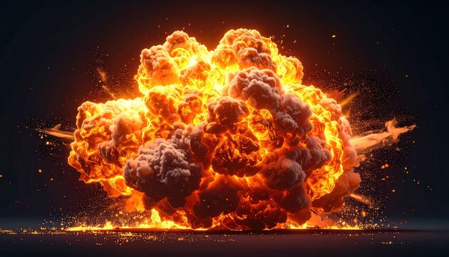 A fiery explosion bursts with vivid oranges and yellows against a dark backdrop, radiating energy and intensity