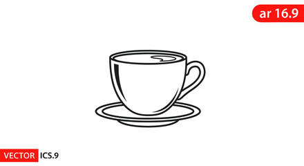 Minimalist coffee cup and saucer line art rendering against a stark white background elegance