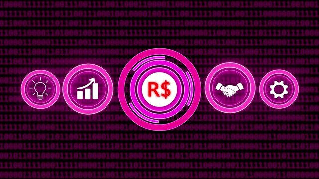 Pink Neon Business Icons Including Brazilian Real Symbol Against Digital Binary Code Matrix finance crypto currency.