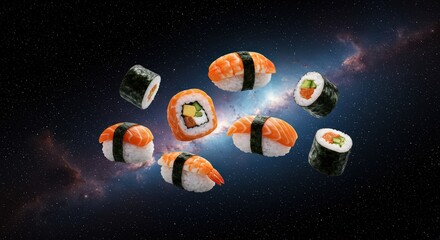 Sushi in a surreal environment, like pieces of nigiri floating in zero gravity in space.