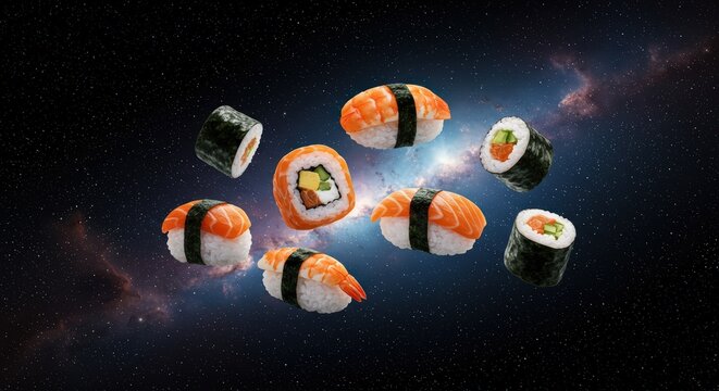 Sushi in a surreal environment, like pieces of nigiri floating in zero gravity in space.