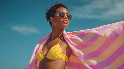 Young woman enjoying a sunny beach day while wrapped in a striped towel under a clear blue sky