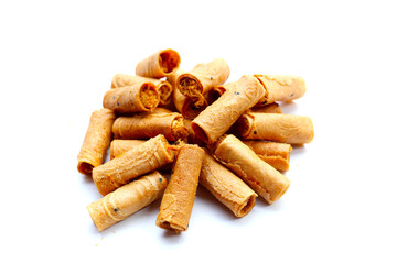 Rolled crispy wafers filled with shredded pork floss, Thai snack.