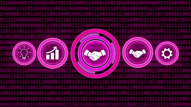 Business icons for idea growth partnership and efficiency with glowing pink neon circles on a dark binary code background.