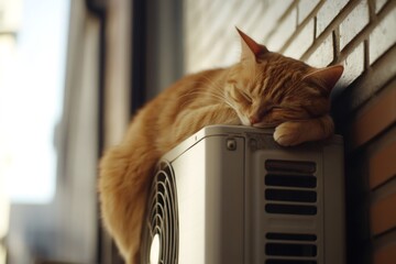 Orange tabby cat peacefully sleeping on the top of an outdoor air conditioning unit, enjoying the warmth