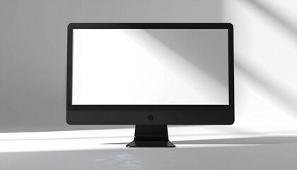 Isolated black computer screen on a bright surface with light streams, simple background, minimal and clean workspace setup