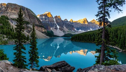 Stunning panoramic view of a serene turquoise lake reflecting snow-capped mountains, framed by lush green forests under a clear blue sky