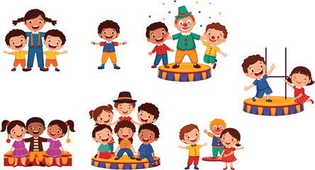 Happy children playing with clown and friends at circus festival, colorful cartoon kids enjoying fun entertainment and joyful performance illustration