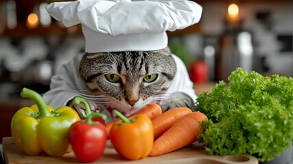 Chef cat in white hat and apron, surrounded by fresh vegetables, is preparing a colorful dish with vibrant peppers and carrots, showcasing culinary creativity and playful kitchen atmosphere