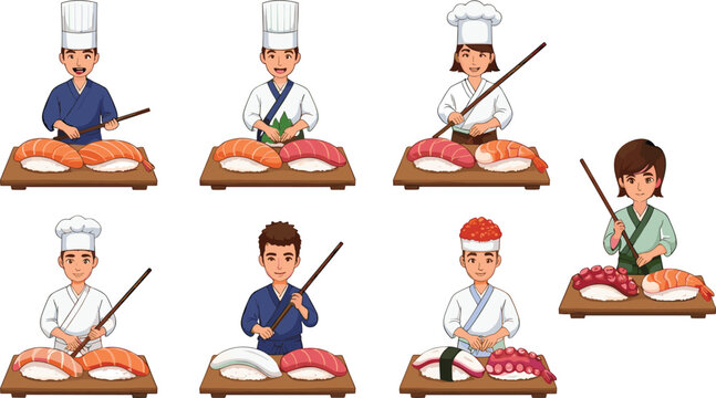 PrintCartoon sushi chefs preparing traditional Japanese sushi dishes with fresh fish, rice, seafood, chopsticks, and culinary skills illustration vector