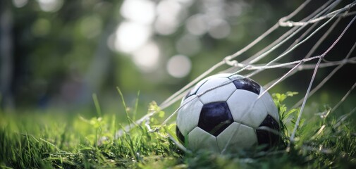 The soccer ball nestled in the net on a sunny day outdoors.