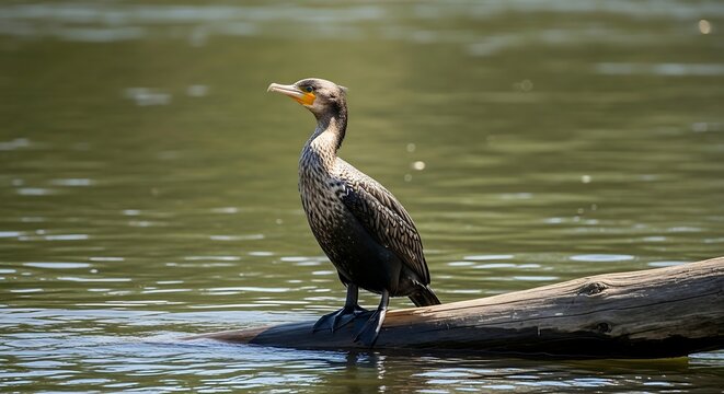 A wild cormorant bird perched on a floating log in a tranquil lake. - Powered by Adobe