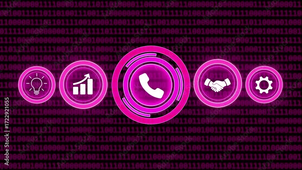 Poster pink neon icons of idea growth phone handshake and gear on binary code background abstract business