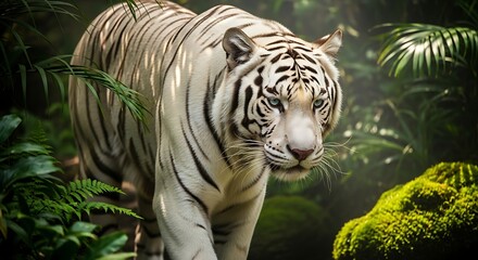 A majestic white Bengal tiger walking through a dense green jungle environment.