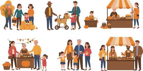 PrintAutumn fall festival family gathering, people shopping at farmers market, children playing with hay, seasonal harvest fair celebration, outdoor community event