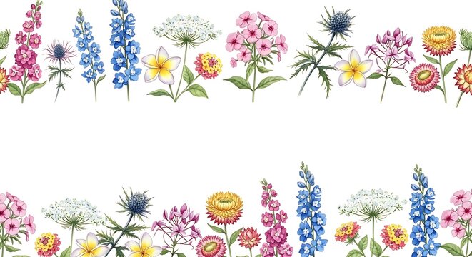 Botanical watercolor floral borders with wildflowers and meadow plants arrangement