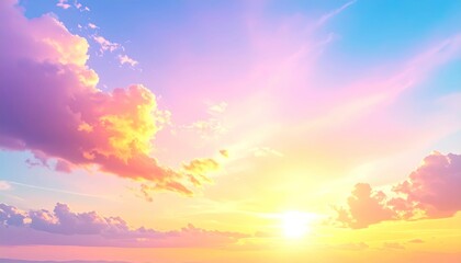 Dreamy pastel sunset sky. Soft clouds blend into hues of pink, blue, and gold, with the setting sun creating a luminous horizon