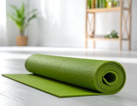Rolled-up green yoga mat on light-colored wooden floor - Powered by Adobe