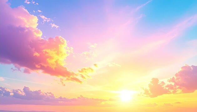 Dreamy pastel sunset sky. Soft clouds blend into hues of pink, blue, and gold, with the setting sun creating a luminous horizon