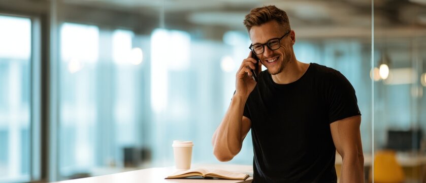 The smiling man on the phone in a modern office setting. - Powered by Adobe