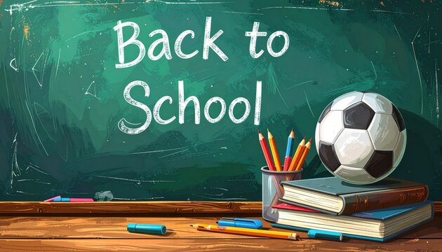 A "Back to School" image on a faux chalkboard with books, pencils, and a soccer ball on a wooden desk. Cartoonish style, fun, education
