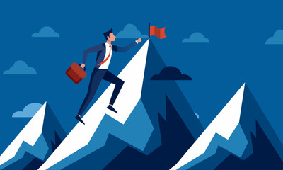 Businessman climbing mountain peak with red flag success and goal achievement concept. Symbol of victory, vision, and achievement 