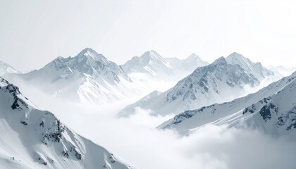 Obraz premium Snow-covered mountain peaks rise above a sea of clouds, creating a serene and majestic winter landscape under a soft, overcast sky