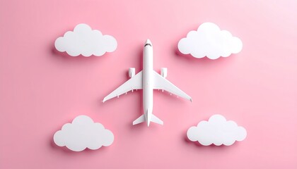 Airplane toy surrounded by fluffy clouds on a pink background creates a dreamy, playful travel scene