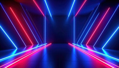 A futuristic room bathed in neon lights, red & blue, reflecting off a shiny floor. An abstract space offering a perspective of depth