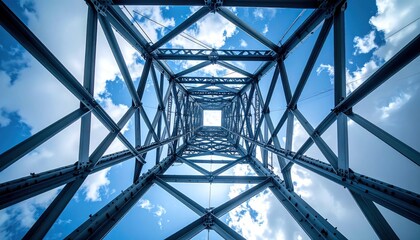 Metal pylon viewed from below stretching into bright sky with scattered clouds creating geometric patterns and converging perspective