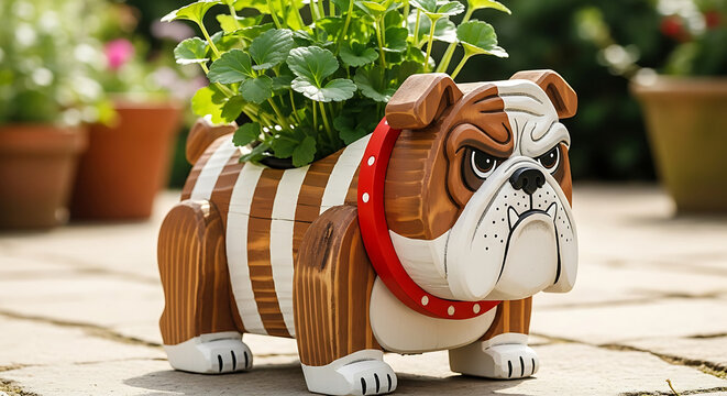 Whimsical bulldog shaped planter overflowing with vibrant green plants sits on a patio adding a touch of playful charm to an outdoor garden setting