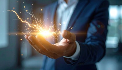 Businessman's open hand holds a spark of bright energy with electrical sparks flowing around it, wearing a suit indoors