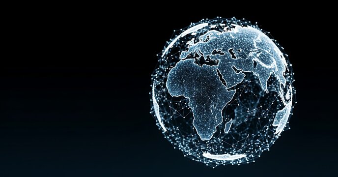 Abstract digital Earth with glowing connected points and lines, depicting a global network, data transfer, communication, and technological innovation worldwide.