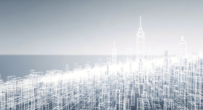 Modern architectural wireframe of a city skyline. This abstract digital grid with glowing white lines on a grey background conveys urban development, technology, and future concepts. - Powered by Adobe