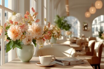 Fototapeta premium Autumn cafe table with flowers and coffee