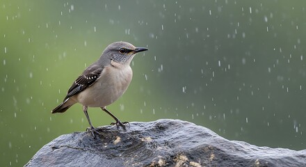 A small bird stands on a rock in the rain.