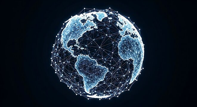 A futuristic digital globe showcasing a worldwide network of connections and data, symbolizing global communication, technology, and interconnectedness.