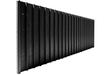 A robust, charcoal grey, weathered corrugated steel fence with interlocking panels and a slight lean, casting a sharp shadow on a transparent studio background. Concept of industrial containment