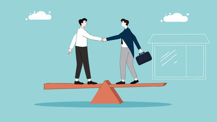 Obraz premium business agreement, cooperation in business to achieve certain targets, with an illustration of two business people shaking hands on seesaw. business balancing concept illustration with flat style