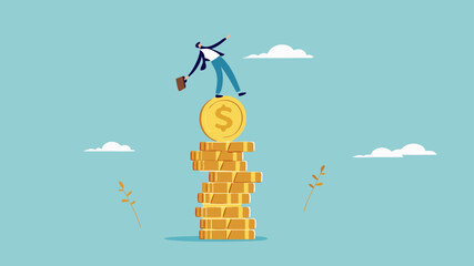 financial stability and money management concept vector illustration, economic balance concept, businessman balance on unstable coins stack concept modern flat design style illustration