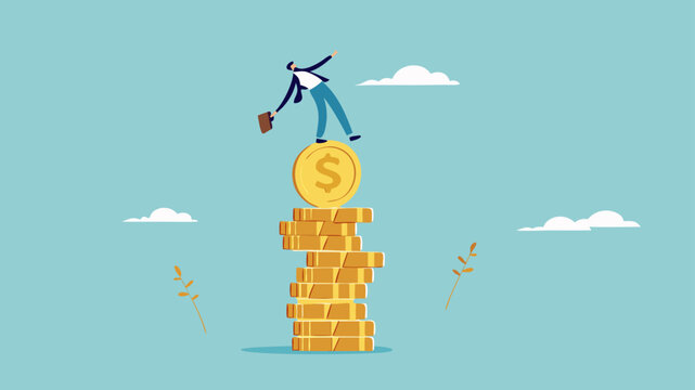 financial stability and money management concept vector illustration, economic balance concept, businessman balance on unstable coins stack concept modern flat design style illustration
