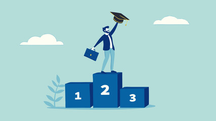 get graduation illustration, educational mission success, happy student standing on the first podium while carrying a graduation cap concept vector illustration with flat design style