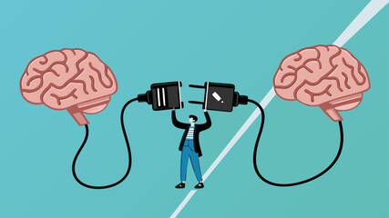creative idea collaboration, collaborative thinking to make new innovation or strategy, exchange ideas concept, man connect plug with brain to brain concept vector illustration with flat style design