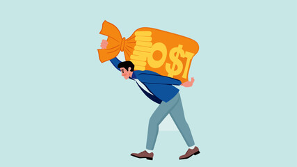 Illustration of an entrepreneur who is burdened by excessive business costs flat design vector illustration, financial problems in business, the company operational costs are increasing, cost overruns
