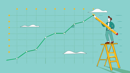 increase business performance followed by a lot of income, businessman climbing a ladder to make a financial growth graph using a pencil, Business goals as profit target achievement process