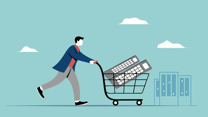 Obraz premium property investment, business people push shopping carts containing property buildings for real estate investment concept vector illustration with flat design style