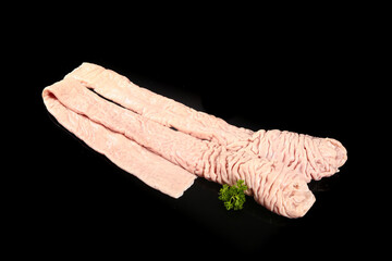 Raw Pork Sausage and Meat Cuts on Black Background for Culinary Presentation