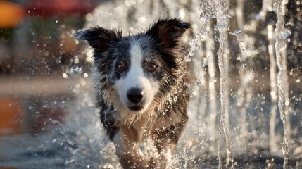 Wet border collie in splashing fountain