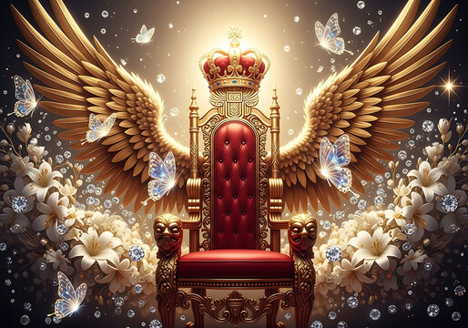 Majestic golden winged throne adorned with a royal crown and surrounded by ethereal light and delicate butterflies symbolizing power royalty and divine authority