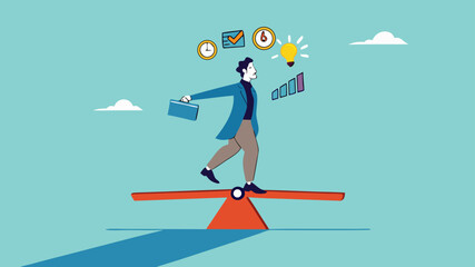 multiple project management concept illustration, juggle multiple project concept, professional businessman manage multiple project at the some time vector illustration while standing on seesaw
